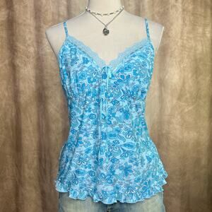 Y2K Blue Floral Print Cami Tank Top Empire Waist Stretchy Lace Ruffled Hem Boho